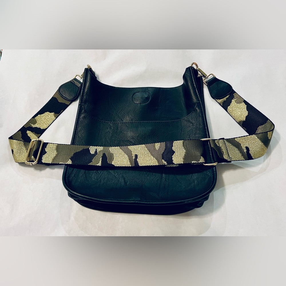 Stylish Black Faux Leather Shoulder Bag with Camouflage Strap